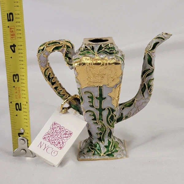 Vintage NYCO Enameled Miniature Teapot No Lid Gold Green Ceramic 4"H