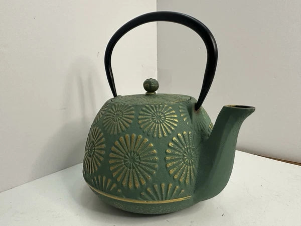 Cast Iron Tea Pot W/ Enamel Inside Copper & Green Finish
