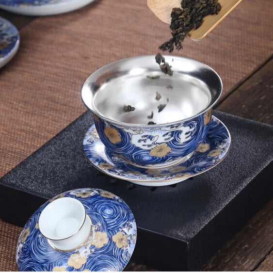 Pure Silver Tea Set Health Care Jingdezhen Color Enamel Porcelain Gaiwan Pot Cup