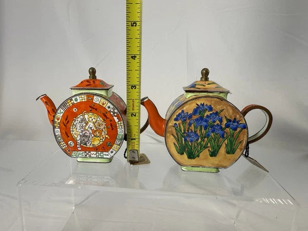 Vintage Mini Teapot Trade Plus Aid Cats & Flower Certified Enamel Hand PaintedW3
