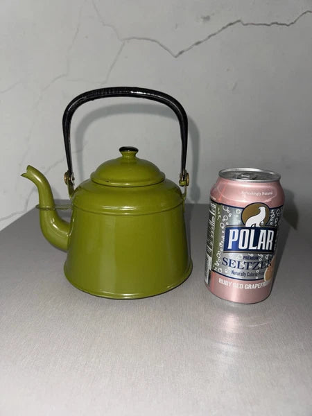Vtg Avocado Green Enamel Teapot Tea Kettle Farmhouse Mcm Country Cottage Rustic
