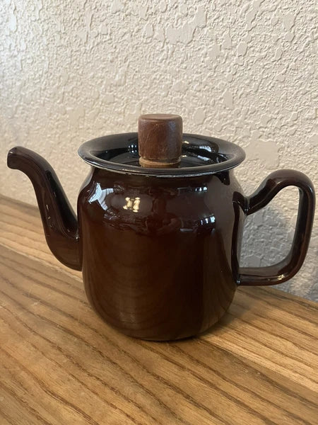Brown Enamelware Tea Pot Flaw See Last Pic For Small Crack In Wood Knob