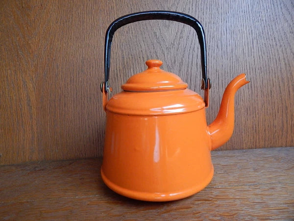 Vintage Orange Enamel Tea pot Mid Century Black Enamel Handle CLEAN