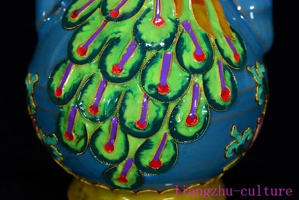 8.8"China song Dynasty ru kiln porcelain Enamel Peacock bird flagon Teapot pot