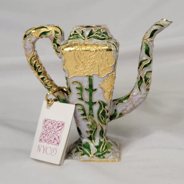 Vintage NYCO Enameled Miniature Teapot No Lid Gold Green Ceramic 4"H