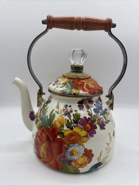 Mackenzie Childs Enamel White Flower Market 2 Quart Tea Pot / Kettle