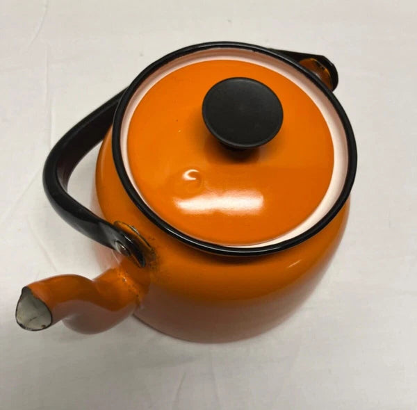 Huta Selesia Vintage enamelware teapot orange with lid made in Poland