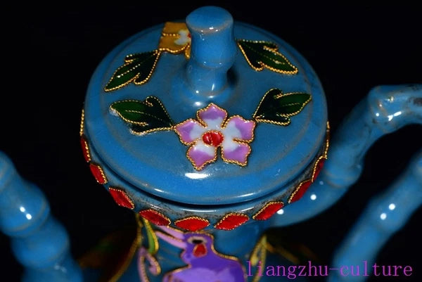8.8"China song Dynasty ru kiln porcelain Enamel Peacock bird flagon Teapot pot
