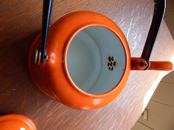 Vintage Orange Enamel Tea pot Mid Century Black Enamel Handle CLEAN