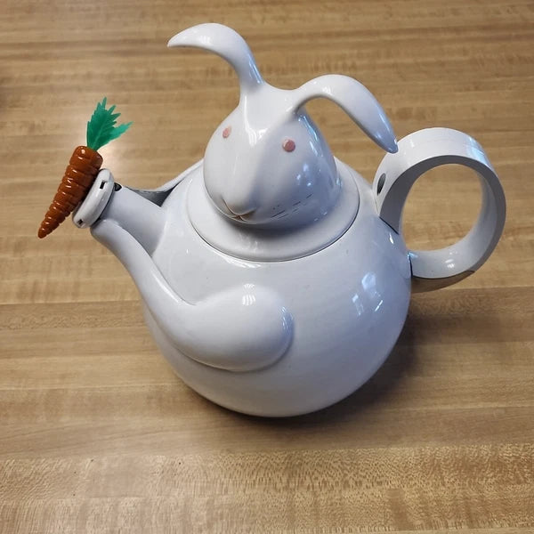 Vintage Copco Enamel Teapot Figural Mr Rabbit Bunny Carrot Whistling Tea Kettle