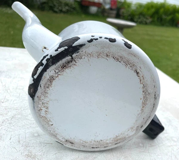 Vtg Enamelware Tea/Coffee Pot White & Black w/Lid