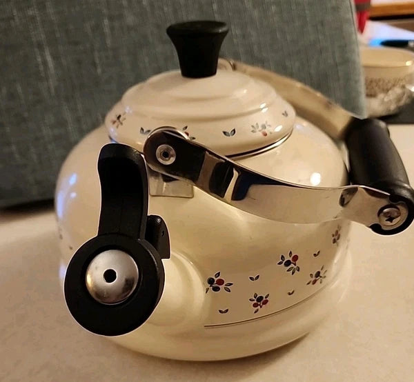 Vintage LeCreuset Enamel Floral Tea Kettle with Whistling Spout