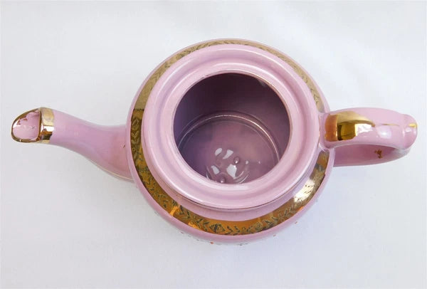 Vtg Pink Gold Glazed REDWARE Teapot Butterfly Enamel Moriage Hand Painted 7"