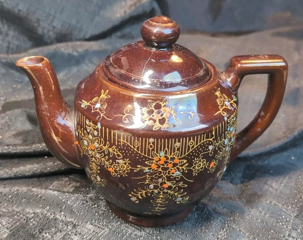Vtg Brown Betty Redware Teapot Moriage Enamel Hand Painted Floral Made In Japan