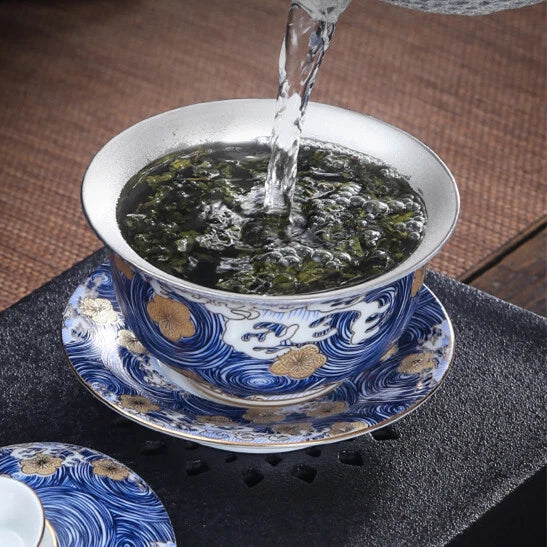 Pure Silver Tea Set Health Care Jingdezhen Color Enamel Porcelain Gaiwan Pot Cup
