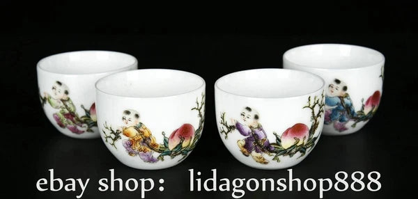 8.9" Qianlong Marked Enamel Porcelain Child Words Pattern Tea Pot Plate Set