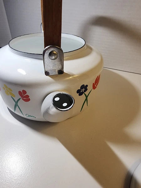 Vintage Saltera Himark Enamel RARE Teapot MCM Red Yellow Floral With Wood Handle