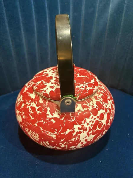 Vintage Red Enamelware Splatter Graniteware Tea Kettle Teapot