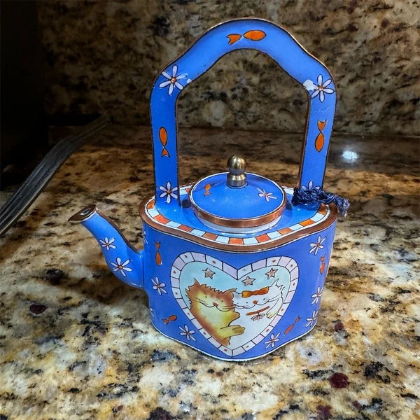 Collectible Enamel Teapot Heart & Couple Design Hand-Painted