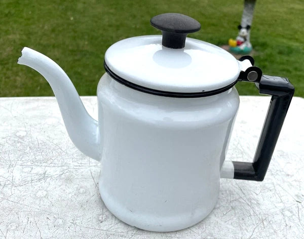 Vtg Enamelware Tea/Coffee Pot White & Black w/Lid