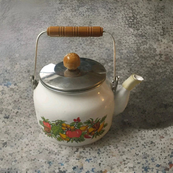 Vintage Enamel Fruit Detail Tea Pot With Wood Handle.