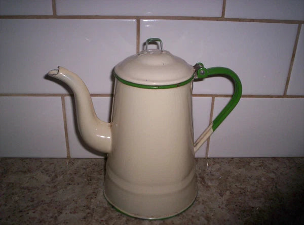 Vintage Enamelware Coffee pot/Teapot Cream/Green 9''