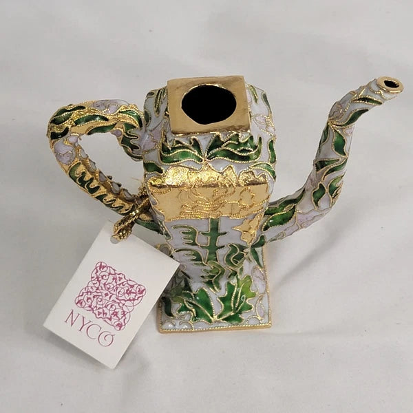 Vintage NYCO Enameled Miniature Teapot No Lid Gold Green Ceramic 4"H