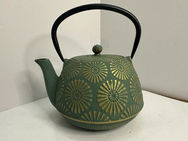 Cast Iron Tea Pot W/ Enamel Inside Copper & Green Finish