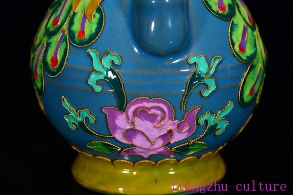 8.8"China song Dynasty ru kiln porcelain Enamel Peacock bird flagon Teapot pot