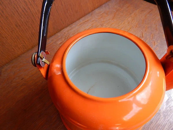 Vintage Orange Enamel Tea pot Mid Century Black Enamel Handle CLEAN