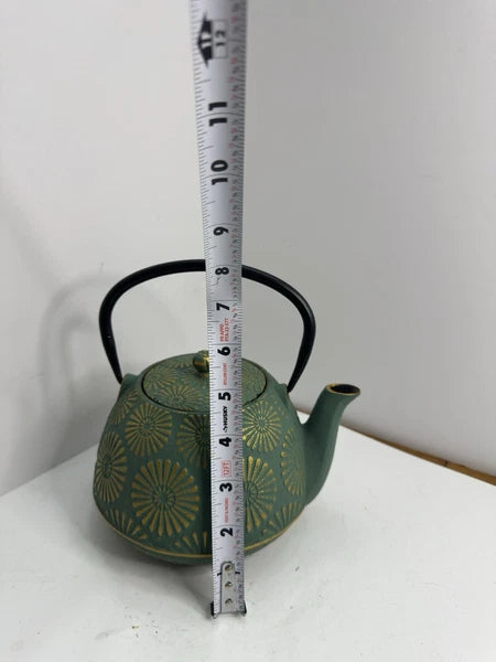Cast Iron Tea Pot W/ Enamel Inside Copper & Green Finish