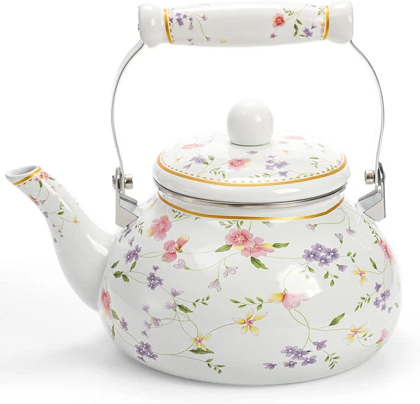 Jucoan Vintage Enamel Tea Kettle, 2.6 Quart Floral Enamel Water Kettle Teapot wi