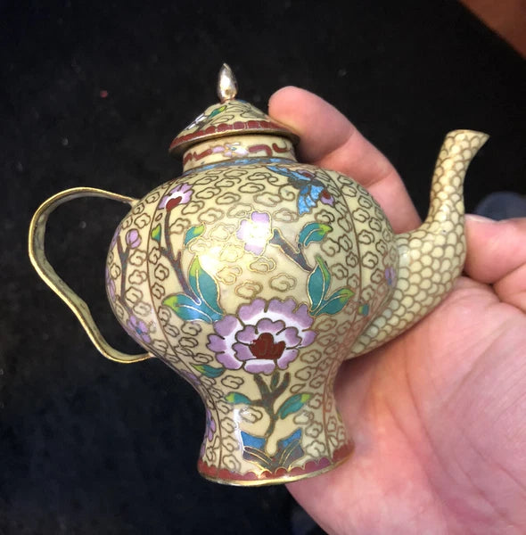 Vintage Cloisonne Enamel and Bronze Beige Floral Teapot