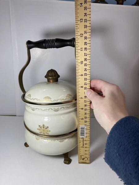 Vintage Fissler Asta Black & Gold Enamelware Teapot & Warmer West Germany Nice