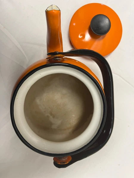 Huta Selesia Vintage enamelware teapot orange with lid made in Poland