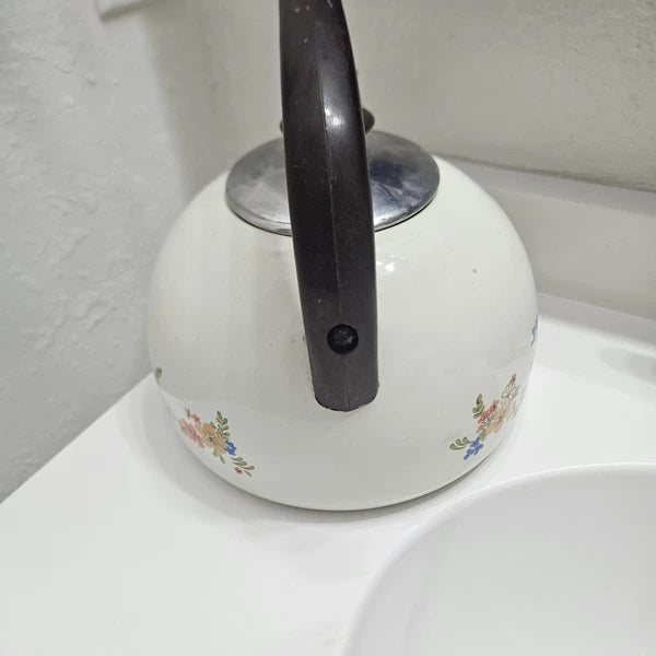 Vintage JPM Enamel Tea Pot Kettle LARGE Sweet Flowers Made In Spain RARE