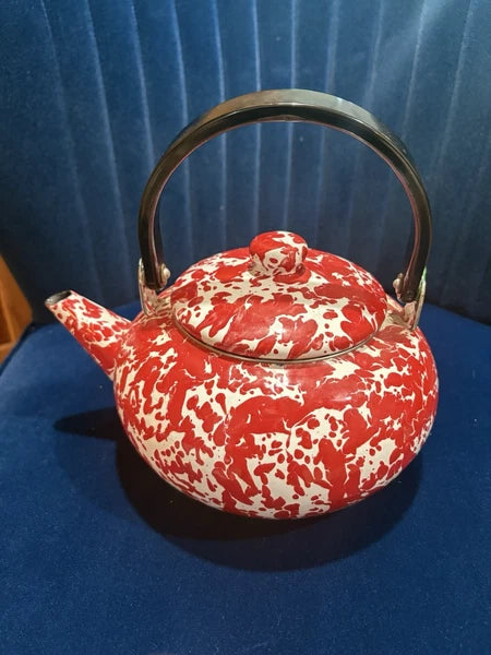 Vintage Red Enamelware Splatter Graniteware Tea Kettle Teapot