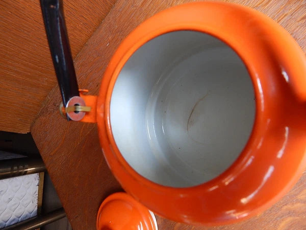 Vintage Orange Enamel Tea pot Mid Century Black Enamel Handle CLEAN