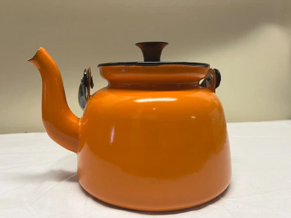 Huta Selesia Vintage enamelware teapot orange with lid made in Poland